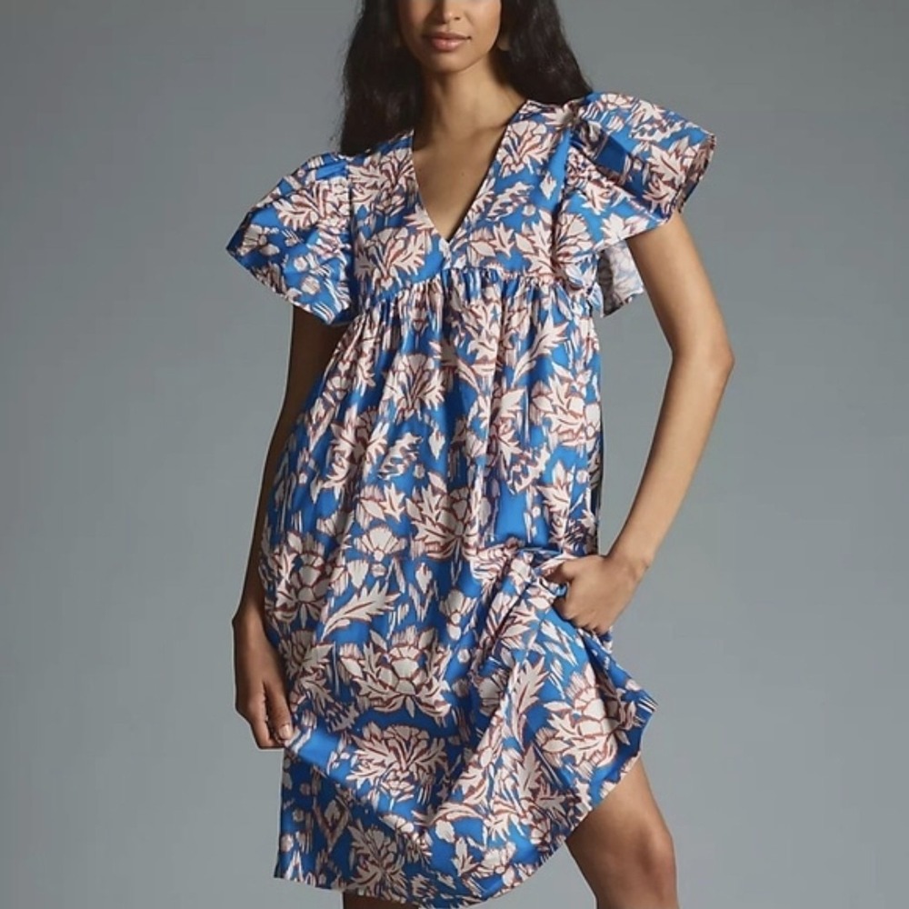 Maeve Anthropologie Small Blue Floral Flutter Sleeve Babydoll Midi Dress Cotton